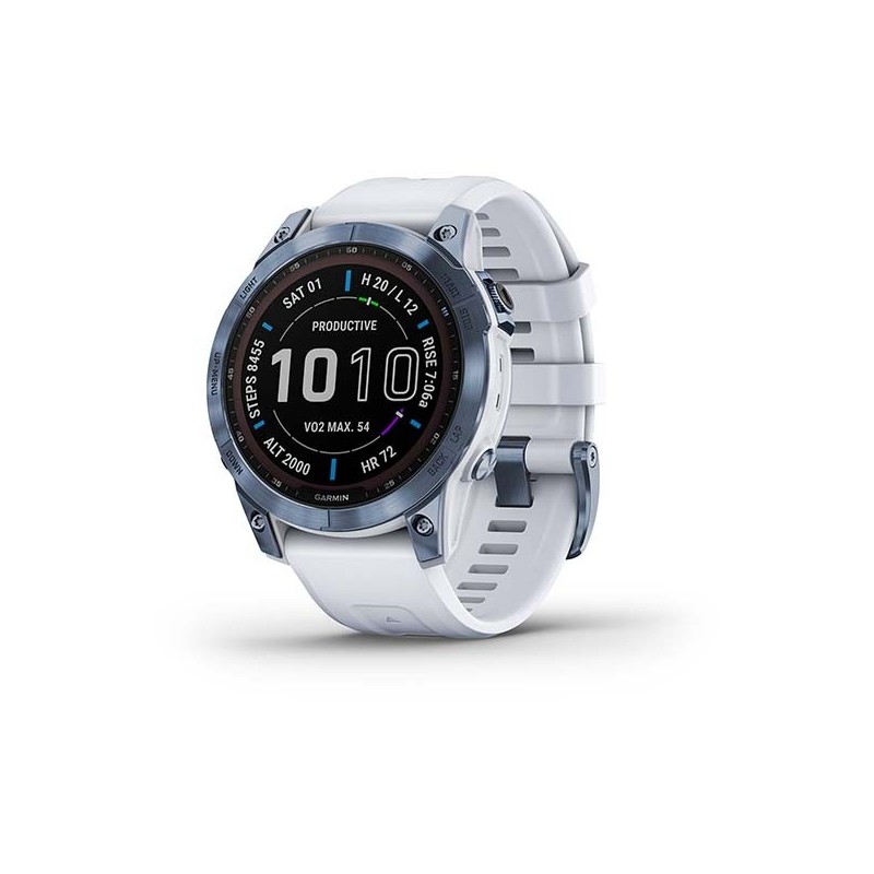 Garmin Fénix 7 Sapphire Solar, Mineral Blue, Bracelet Blanc